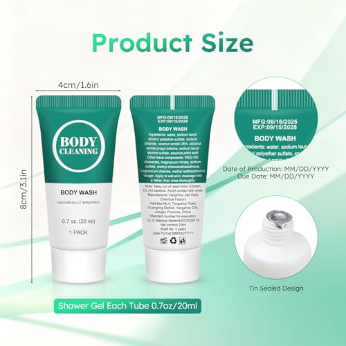 Travel Size Body Wash, Mini Shower Gel Set, 20 ml Individually Wrapped Bulk Trial Sample Small Single Use Toiletries Amenities Kit for Men & Women for Hotel/Camping/Homeless 0.7 Fl Oz (Pack of 60)
