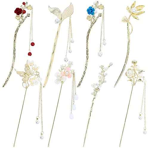 inSowni 8 Pieces Retro Vintage Asian Japanese Chinese Hanfu Gold Metal Flower Hair Sticks with Pearl Pendants Fishtail Lotus Butterfly Long Hair Pins Forks Chopsticks Bun Updo Holders for Women Girls