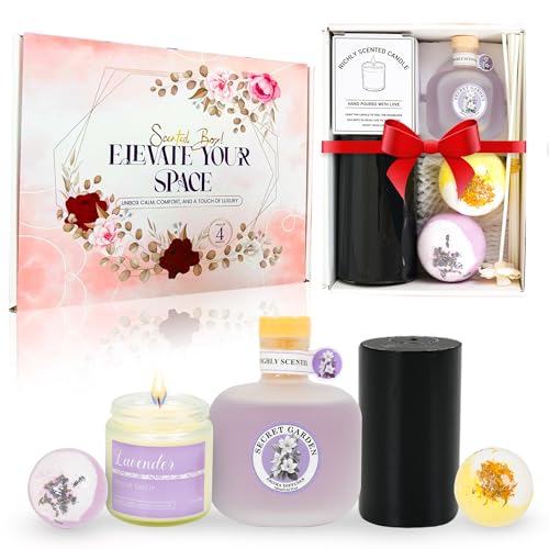 Valentine Basket for Her, Luxury Gift Basket for Women with Bath Bombs, Scented Candle, Reed Diffuser & Waterless Diffuser, Spa Gift Set for Wife, Girlfriend, Mom