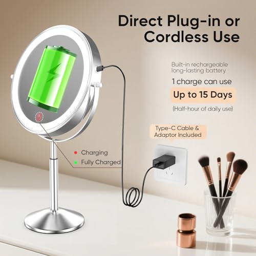 Professional 9" Lighted Makeup Mirror Double-Sided Rechargeable Vanity Mirror 1X/10X HD Magnifying, 88 High-CRI 97 LEDs, 3 Color Modes & Dimmable Brightness, Height Adjustable, 4000mAh Dual Power