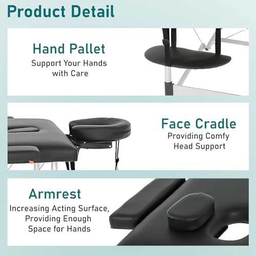 24" Black Portable Massage Bed - Foldable & Adjustable Aluminium Frame, 2 Fold Version