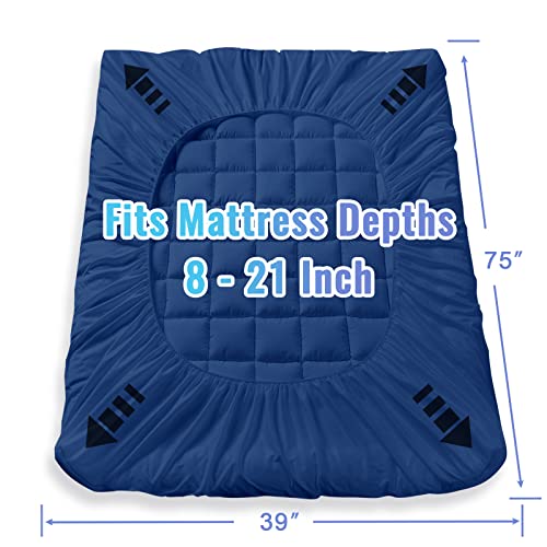 MATBEBY Bedding Quilted Fitted Twin Mattress Pad Cooling Breathable Fluffy Soft Mattress Pad Stretches up to 21 Inch Deep, Twin Size, Navy Blue, Mattress Topper Mattress Protector