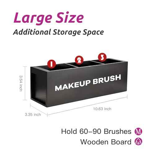 Suli Large Makeup Brush Holder Organizer, Wooden Cosmetic Brushes Storage with 3 Slots, Eyeliners Display Case for Vanity Desktop Bathroom Countertop -Black