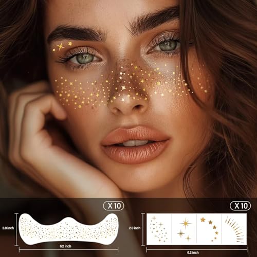 20 Pcs Gold Face Makeup Patches,Glitter Freckles,Sparkle Makeup£¬ Freckles Face Tattoo,Waterproof Face Glitter Patches for Helloween£¬Suitable for Helloween£¬ Christmas (Gold)