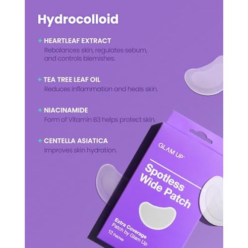 GLAM UP Spotless Patch - Hydrocolloid Spot Patch for Wide Acne area, Cheek, Body, Blackhead Cruelty Free and Vegan Friendly (12 Count)