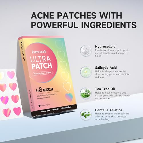 Cute Pink Heart Pimple Patch with Salicylic Acid, Hydrocolloid Pimple Stickers Iridescent Colors 48 Pcs, Fashion Zits Blemishes Breakouts Patches