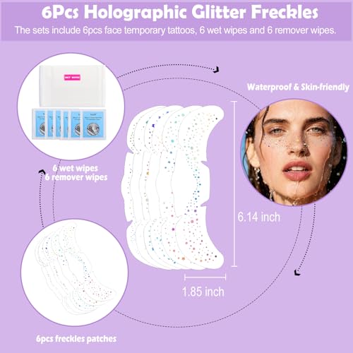 Yosca Glitter Freckles Face Tattoo - 6Pc Holographic Temporary Makeup