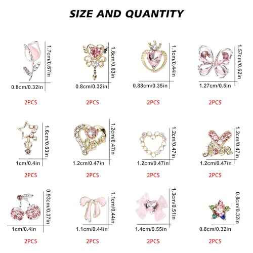 24PCS Nail Charms Y2k Alloy Nail Art Rhinestone Charms 3D Heart Star Bow with Rhinestones Cherry Nails Gems Shiny Jewelry Nails Decorations Accessories Supplies (AD24)