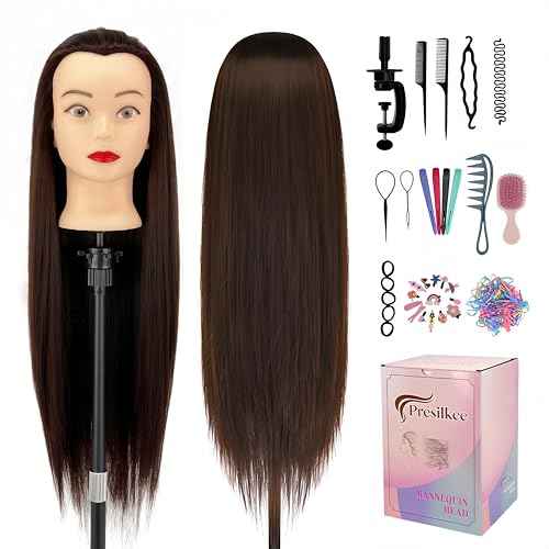 28" Cosmetology Mannequin Head With Hair£¬Doll Head For Hair Styling£¬Training Head For Braiding Cutting & Styling Practice £¬Includes Free Wig Stand & Hair Tools Set (Drak brown)