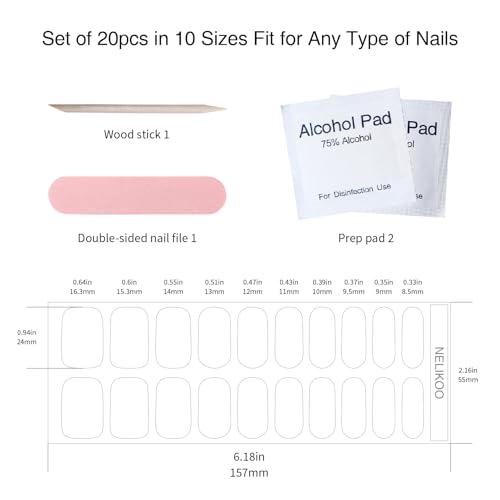 Nelikoo Semi Cured Gel Nail Strips, 20 pcs Gel Nail Stikers, Gel Nail Wraps Semi Cured, Salon-Quality, 2 Weeks Long Lasting