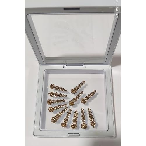 12 Bindi Box Long Crystal Bindis Bridal face Jewels Forehead Tika (With Extra Crystal Stones) | wedding makeup party event body art temporary tattoo Indian Bindi for women (Golden)