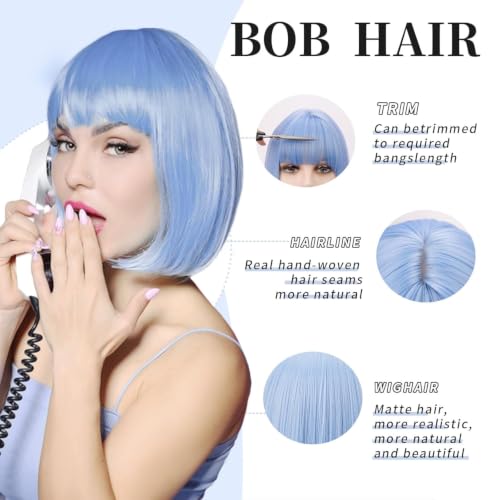 Light Blue Bob Wig 12 Inch Short Straight Synthetic Hair