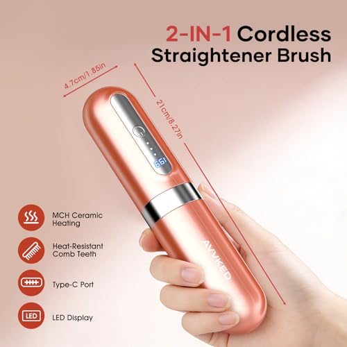 AVVKED Cordless Hair Straightener Brush for Women - Travel Mini Ionic Anti-Frizz Styling Tool with 3 Temp Settings