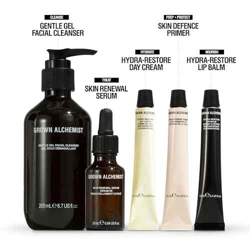 Grown Alchemist Skincare Icons Holiday Gift Set Kit, Hydra-Restore Lip Balm, Gentle Gel Facial Cleanser, Hydra-Restore Day Cream, Skin Renewal Serum & Skin Defense Primer. Hydrating & Anti-Aging Set