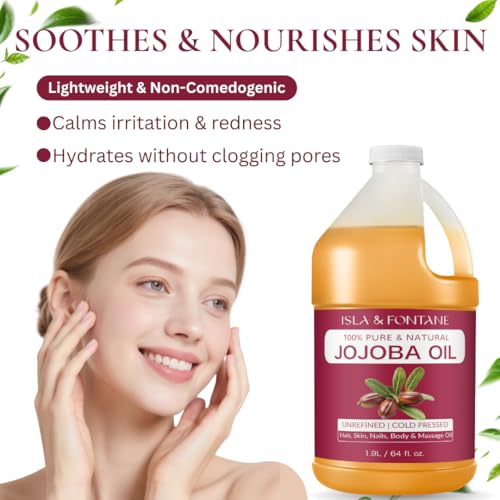 ISLA & FONTANE Jojoba Oil ? 64 fl oz | 100% Pure & Natural | Golden, Unrefined, Cold Pressed | Hexane-Free Carrier Oil for Skin, Hair, Face, Nails & Body Moisturizing