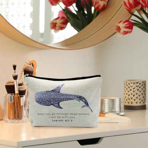 Whale Shark Christian Makeup Bag Pouch, Christian Shark Gifts for Women, Bible Verse Gifts Isaiah 43:2, When you go through deep waters I will be with you