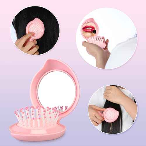 Boao 2 Pack Foldable Travel Mirror Hair Brushes Round Portable Folding Pocket Hair Brush Mini Comb Compact Travel Size Massage Comb for Men Women (Pink,Mango)