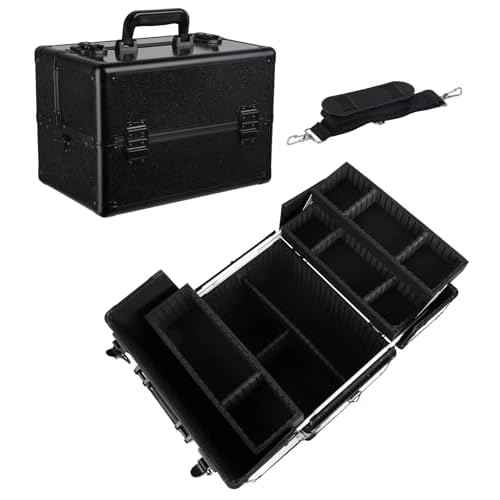 Large Makeup Train Case Cosmetic Organizer Case Makeup Box Portable Make Up Artist Travel Case with 4 Trays with Dividers Lockable Hard Train Case Nail Tech Supply Storage - Starry Black