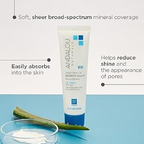 Andalou Naturals CLEAR SKIN Argan Stem Cell BB Benefit Balm, Un-Tinted SPF 30, 2-in-1 BB Cream & Face Sunscreen with Broad Spectrum Protection, Mineral Sunscreen for Oily Skin, 2 Fl Oz