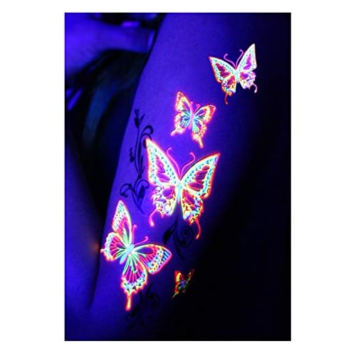 Temporary Tattoos ? 1 Sheet Butterfly Design Body Paint Art Blacklight Reactive Light Festival Accessories Glow in the Dark Party Supplies | 7.2¡± x 5.2¡± Temp Great for EDM EDC Party Rave Parties