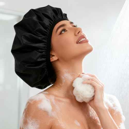 Shower Cap for Women, 2-in-1 Reusable Waterproof Shower Cap with Terry Cloth Lining, Bath Cap for Long Curly Thick Hair(Black)