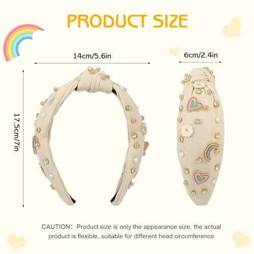 Boho Rainbow Daisy Headband - Pearl Knotted Twist Headpiece for Women & Girls, Beige, Sparkly Crystal Rhinestone