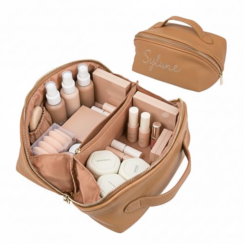 Pebbled Faux Leather Makeup Bag with Handle - Water-Resistant