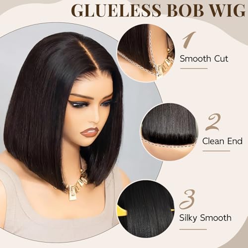 Tinashe 10 inch Glueless Bob Wig - 5x6 HD Lace Closure, 100% Human Hair, Short Straight Black Wigs