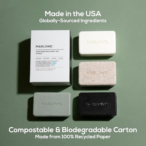 MARLOWE. Soap Discovery Gift Set, Mens Skin Care Variety Selection of Exfoliating Body Scrub, Charcoal, Moisturizing & Polishing Body Bar Soaps for Men, 4 Pack