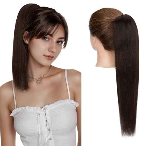 Ponytail Extension, 14 Inch Claw Clip Ponytail Extension Human Hair Long Straight Jaw Clip in Real Hair Pony Tails Hairpieces for Women Dark Brown