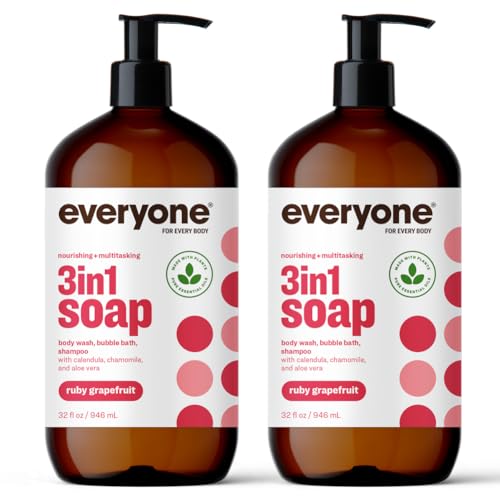 Everyone 3-in-1 Soap, Body Wash, Bubble Bath, Shampoo, 32 Ounce (Pack of 2), Ruby Grapefruit, Coconut Cleanser with Plant Extracts and Pure Essential Oils