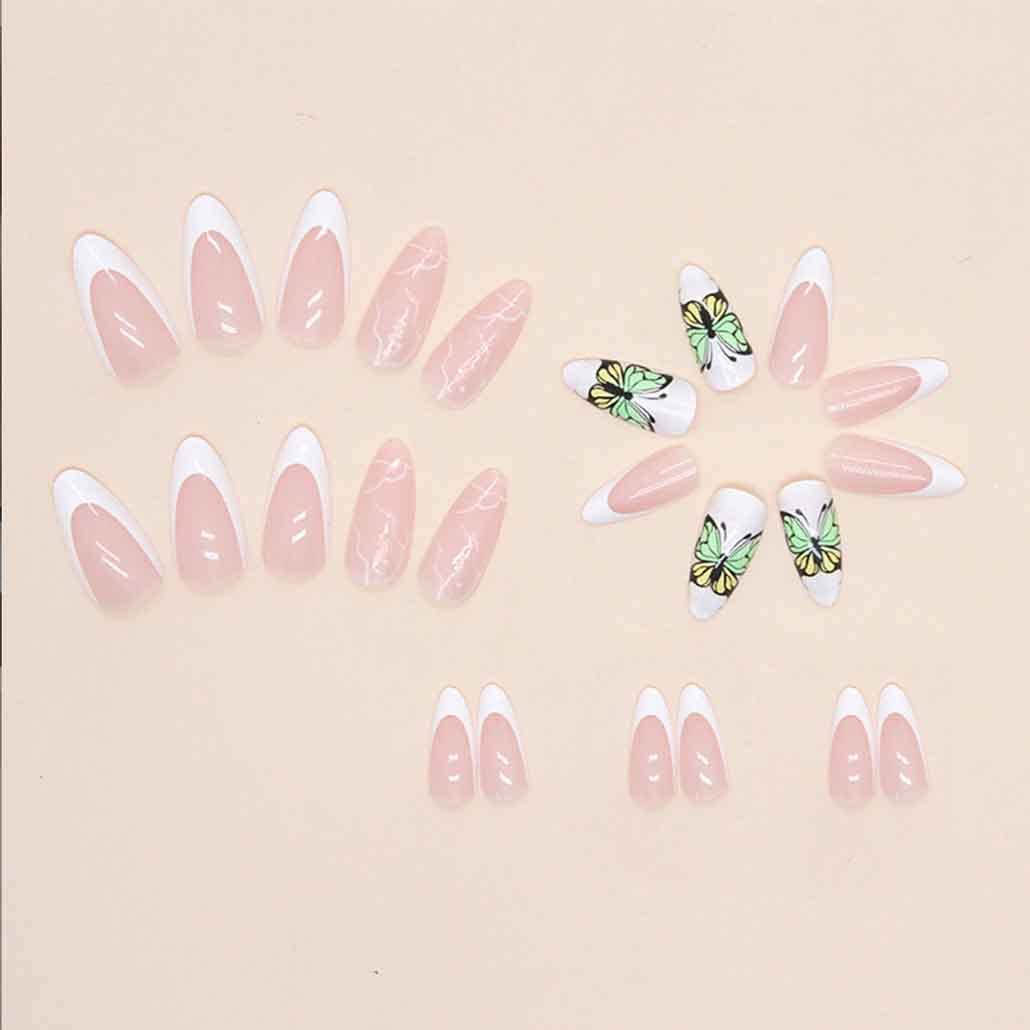 French Tip Press on Nails Medium Butterfly Fake Nails Almond Bling Glossy White False Nail Tips Artificial Finger Manicure for Women and Girls -24pcs