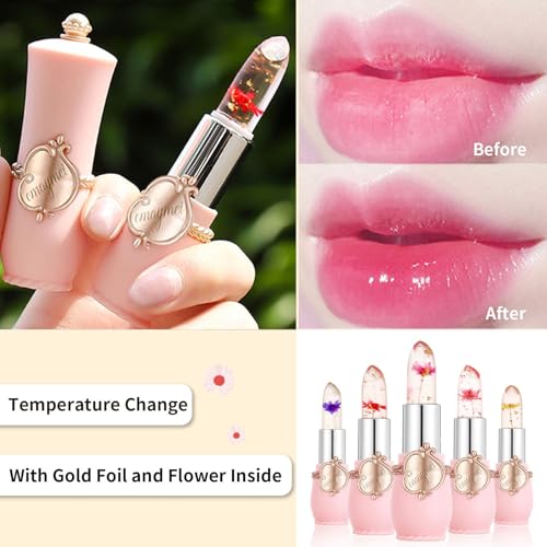 Color Changing Flower Lipstick - Hydrating Jelly Lip Balm with Flower Inside, Long Lasting Moisturizing Gloss, Nourishing Lip Care (Pink Tube-Pink)