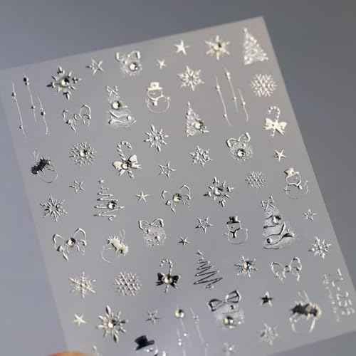 Christmas Nail Stickers for Nail Art Crystal Silver Xmas Tree Snowflake Nail Art Stickers Snowman Bow Candy Nails Decals Self-Adhesive Diamond Nails Decals for Women Manicure Supplies Art Design
