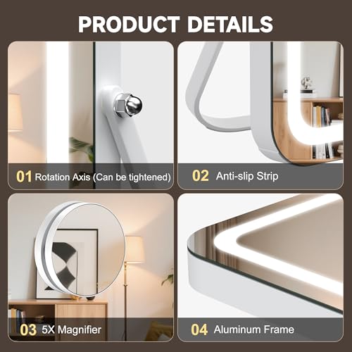 MINISO Vanity Mirror with Lights, 13.8" x 10.6" LED Makeup Mirror, Light & Brightness Adjustment, Smart Sensor, Aluminum Alloy Metal White Frame, with 5X Magnifying Glass