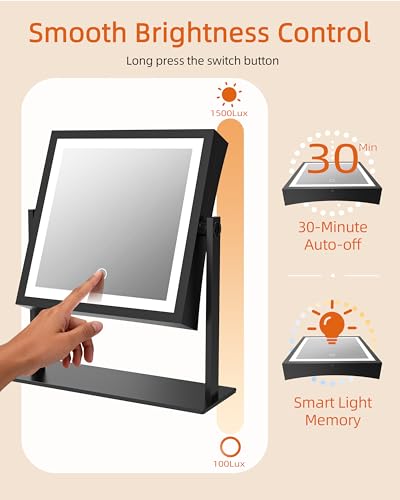 Ruacq Matte Black Dual-Sided Makeup Mirror 1X/10X with Lights - Rechargeable