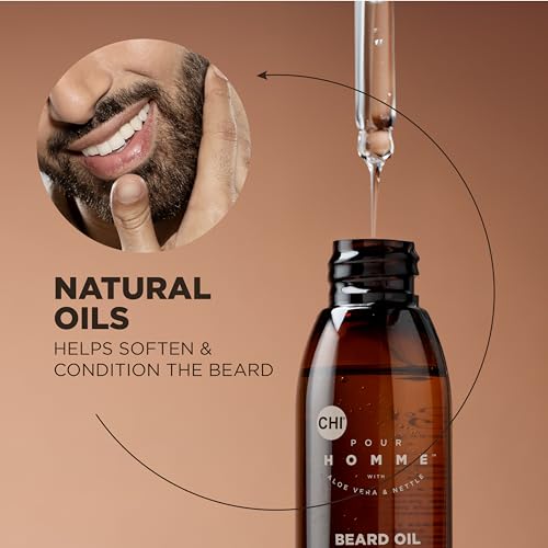 CHI Pour Homme Beard Oil for Men, Softens & Smooths Facial Hair, Moisturizes Skin, Promotes Healthy Growth with Aloe Vera & Nettle, Fresh Woody Scent, 2 oz