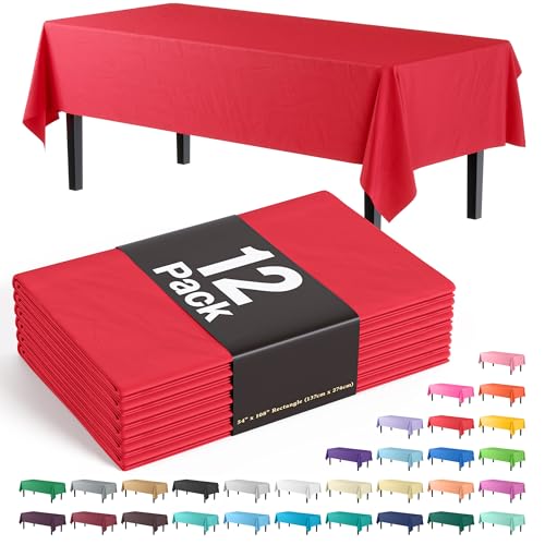 Exquisite 12-Pack Premium Plastic Tablecloth 54in. x 108in. Rectangle Table Cover - Red