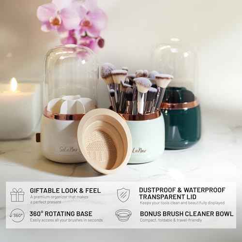 Rotating Makeup Brush Holder with Lid ? Dustproof Vanity Organizer for Makeup Brushes, Bonus Foldable Makeup Brush Cleaner Bowl Included, Elegant White Storage Solution