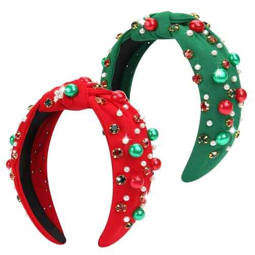 2Pcs Christmas Headbands for Women - Red Green Pearl Rhinestone Crystal Jeweled Christmas Headband - Womens Headbands Fashion Elegant Wide Top Knot for Women Holiday Clothes Accessories(Red Green)
