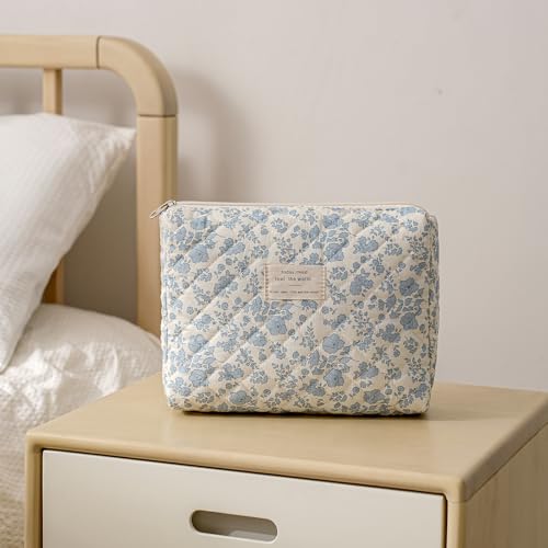 uekeboag Large Travel Quilted Makeup Bag for Women, Floral Cotton Cosmetic Bag, Coquette Aesthetic Floral Toiletry Organizer Bag
