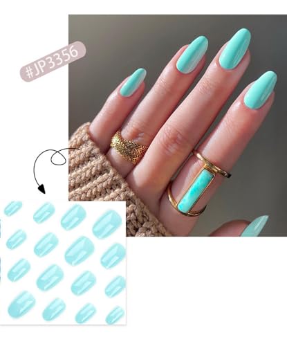 Light Blue Press on Nails Short Fake Nails with Nail Glue Glossy with Oval Design Stick on Nails Full Cover Reusable Artificial Nails Glue on Nails for Women Girls 24pcs