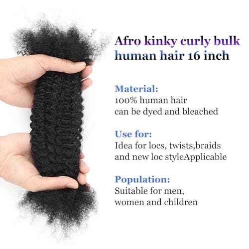 Afro Kinky Curly Human Hair Bulk for Permanent Micro Locs/Twists/Braids - Repair Locs - 1 Pack 50 Gram (1B, 18inch)