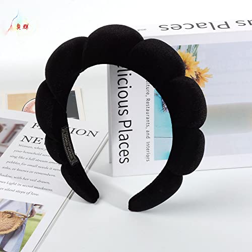 Spa Headbands for Women-Headband for Washing Face, Makeup, Skincare, Shower, Hair Accessories -Sponge & Velvet Fabric Headband (Black)