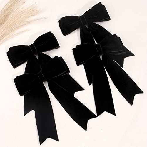 4PCS Velvet Hair Bows for Girls, Black Hair Bow Clips Ponytail Long Ribbon Bows Hair Accessories for Women Girls Toddlers Infant (Black)