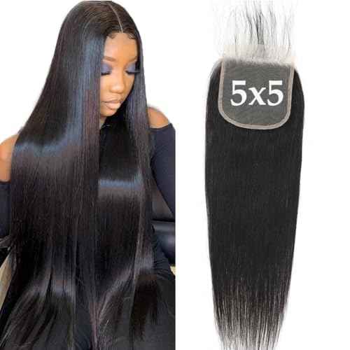 5x5 HD Transparent Straight Human Hair Lace Closure Skinlike 16inch Virgin Invisible Brazilian 5x5 Straight Human Hair Closure 100% Real Human Hair Free Part Closure Pre Plucked Natural Black Glueless