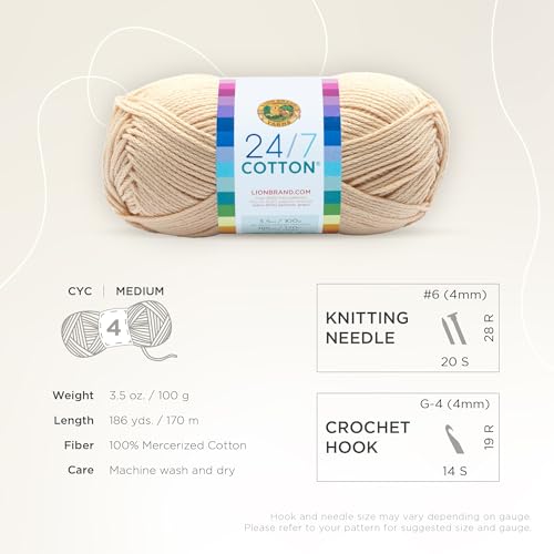 Lion Brand 24/7 Cotton Yarn, Lightweight Yarn for Knitting, Crocheting, and Crafts, Ecru, 1 Pack