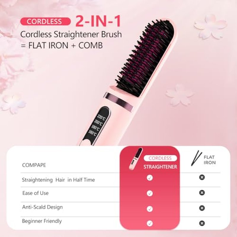 Cordless Hair Straightener Brush, Portable Mini Ionic Hot Comb, USB Rechargeable