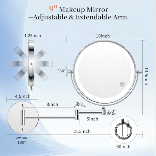 FUNTOUCH 9" Wall Mounted Makeup Mirror with 30X Magnification & Lights