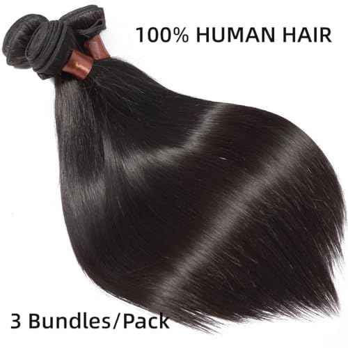 Peruvian Virgin Hair Straight Hair 3 Bundles 12 14 16 Inch Human Hair Bundles 100% Unprocessed Remy Hair Extensions Raw Quick Weave Sew In Hair Bundles Double Wefts Nature Black Color